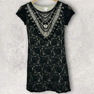 Target Xhilaration Black Lace Crochet‎ Knit Short Sleeve Mini Dress Size XS Boho